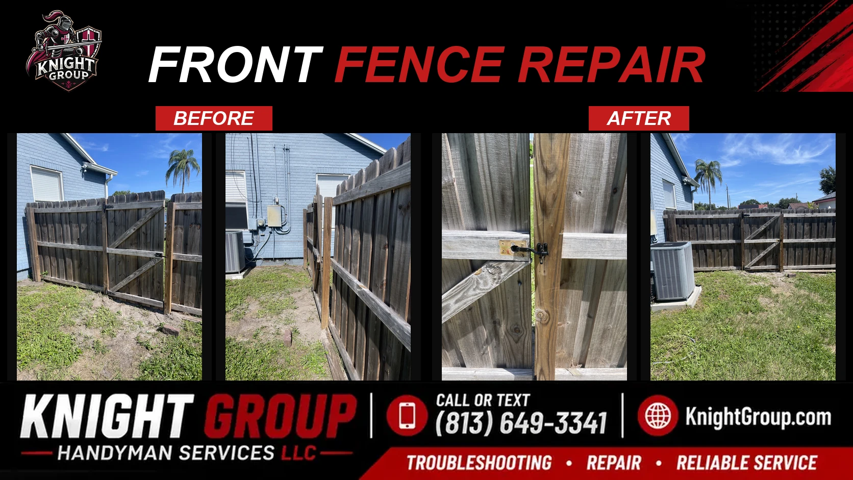 Front fence repair before and after — handyman project photo in Pinellas County FL by Knight Group