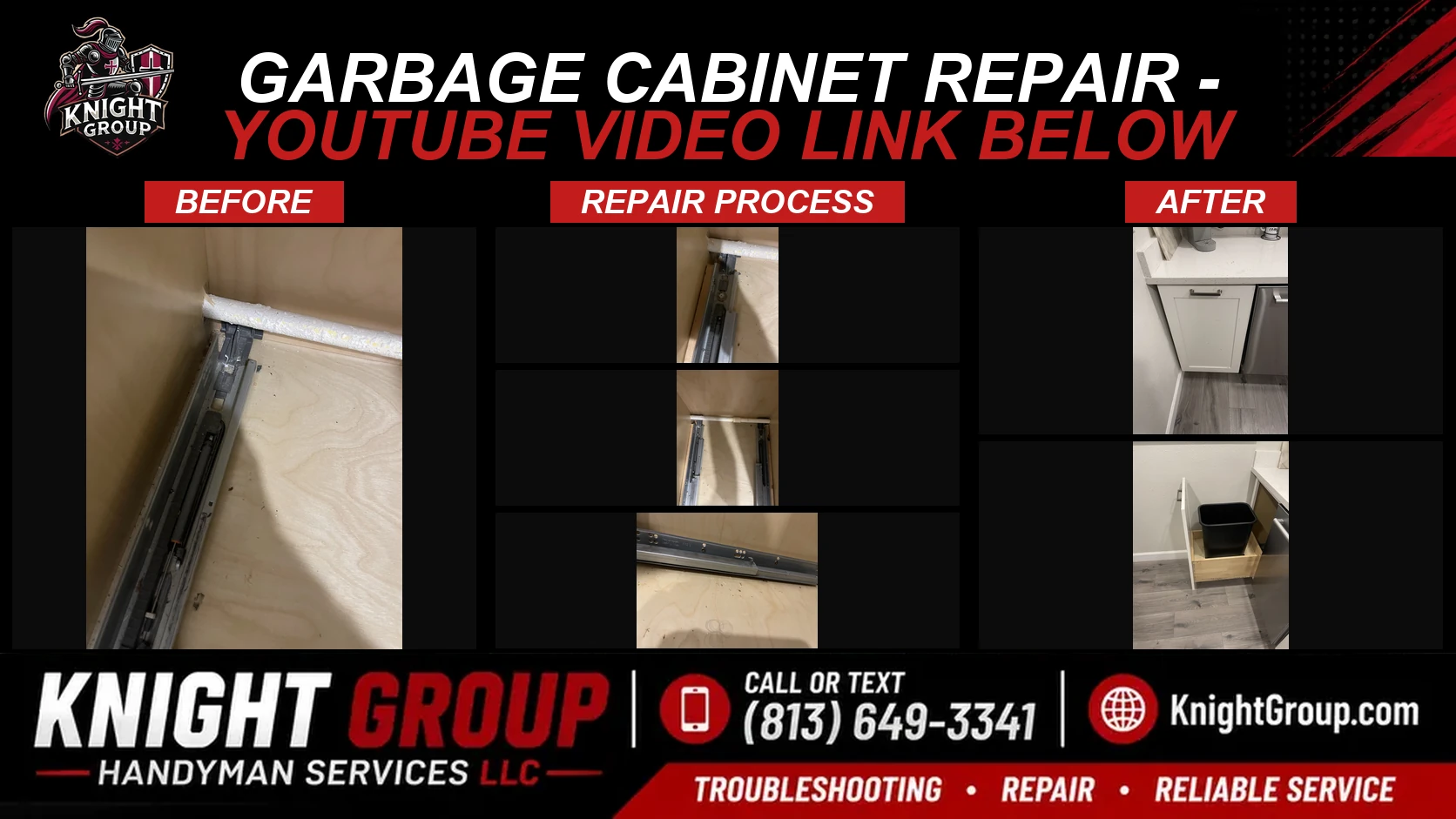 Garbage cabinet repair - YouTube Video link below before and after — handyman project photo in Pinellas County FL by Knight Group