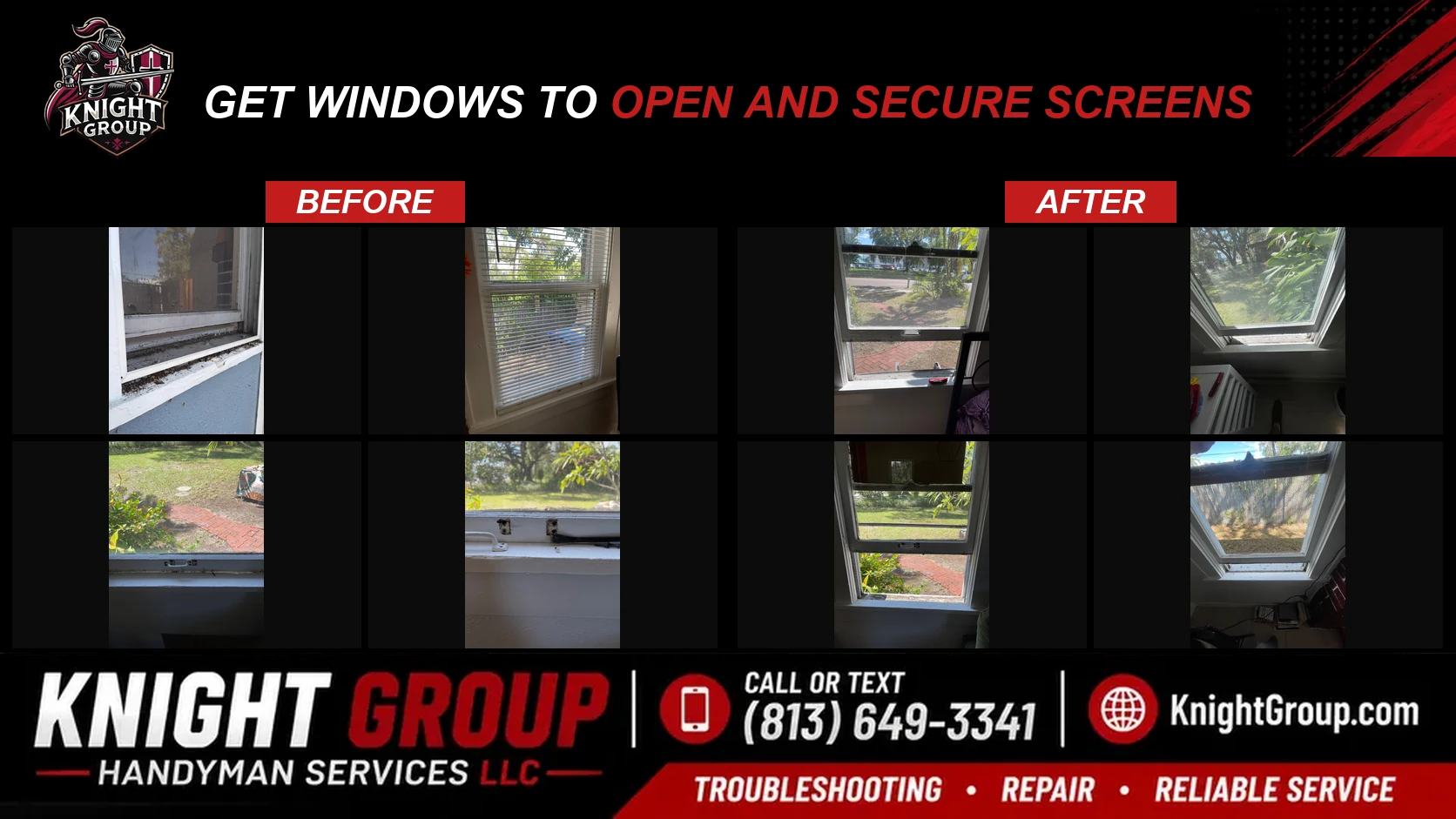 Get windows to open and secure screens before and after — handyman project photo in Pinellas County FL by Knight Group