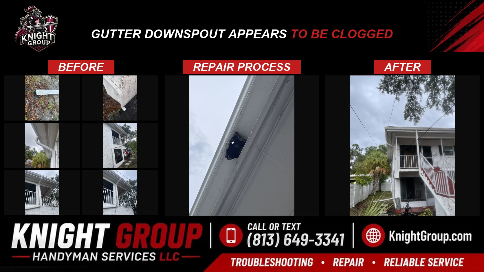 Gutter downspout appears to be clogged before and after — handyman project photo in Pinellas County FL by Knight Group