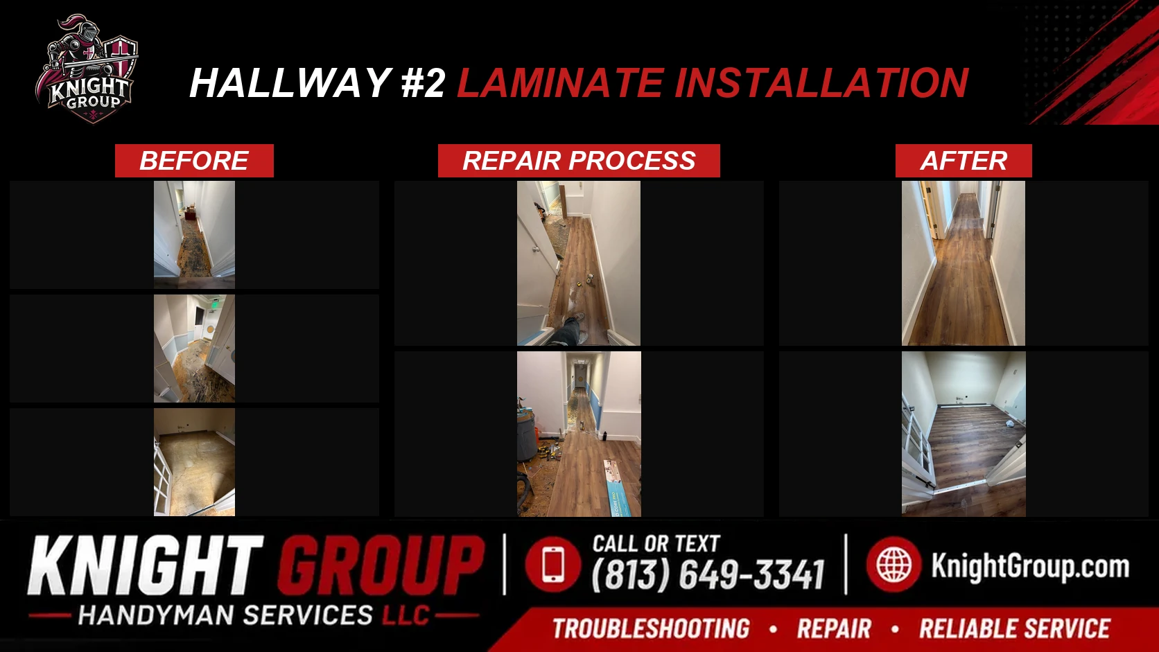 Hallway #2 laminate installation before and after — handyman project photo in Pinellas County FL by Knight Group