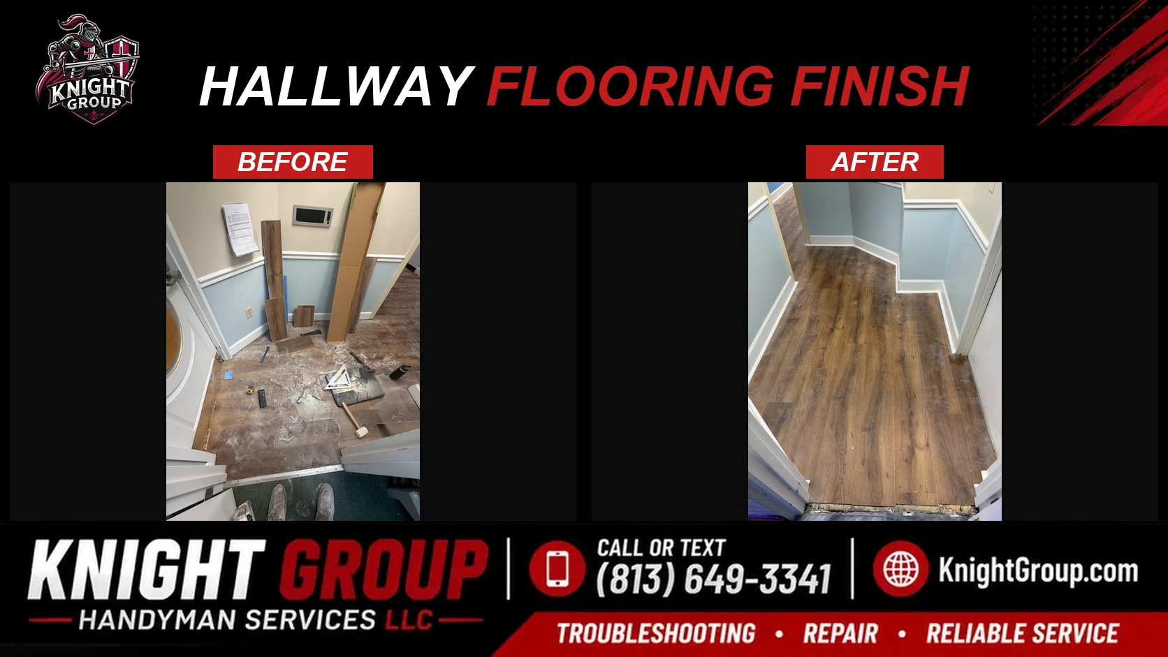 Hallway flooring finish before and after — handyman project photo in Pinellas County FL by Knight Group