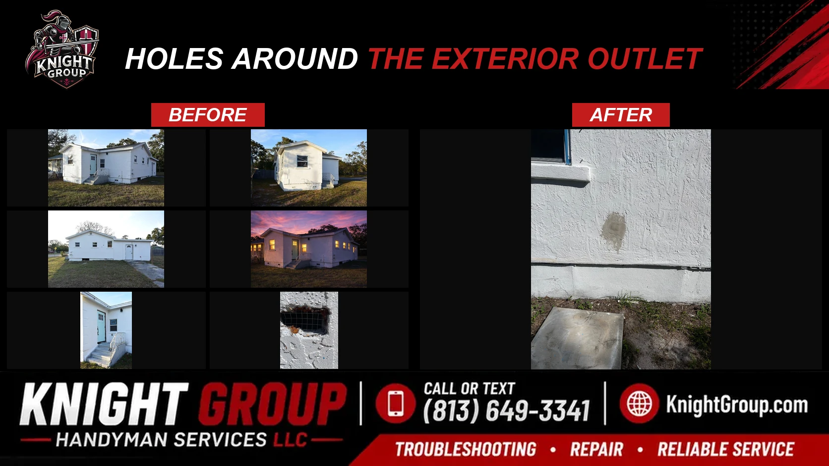 Historical project photo: Holes around the exterior outlet — before & after