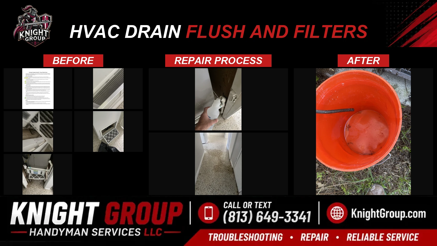 Historical project photo: HVAC drain flush and filters — before & after