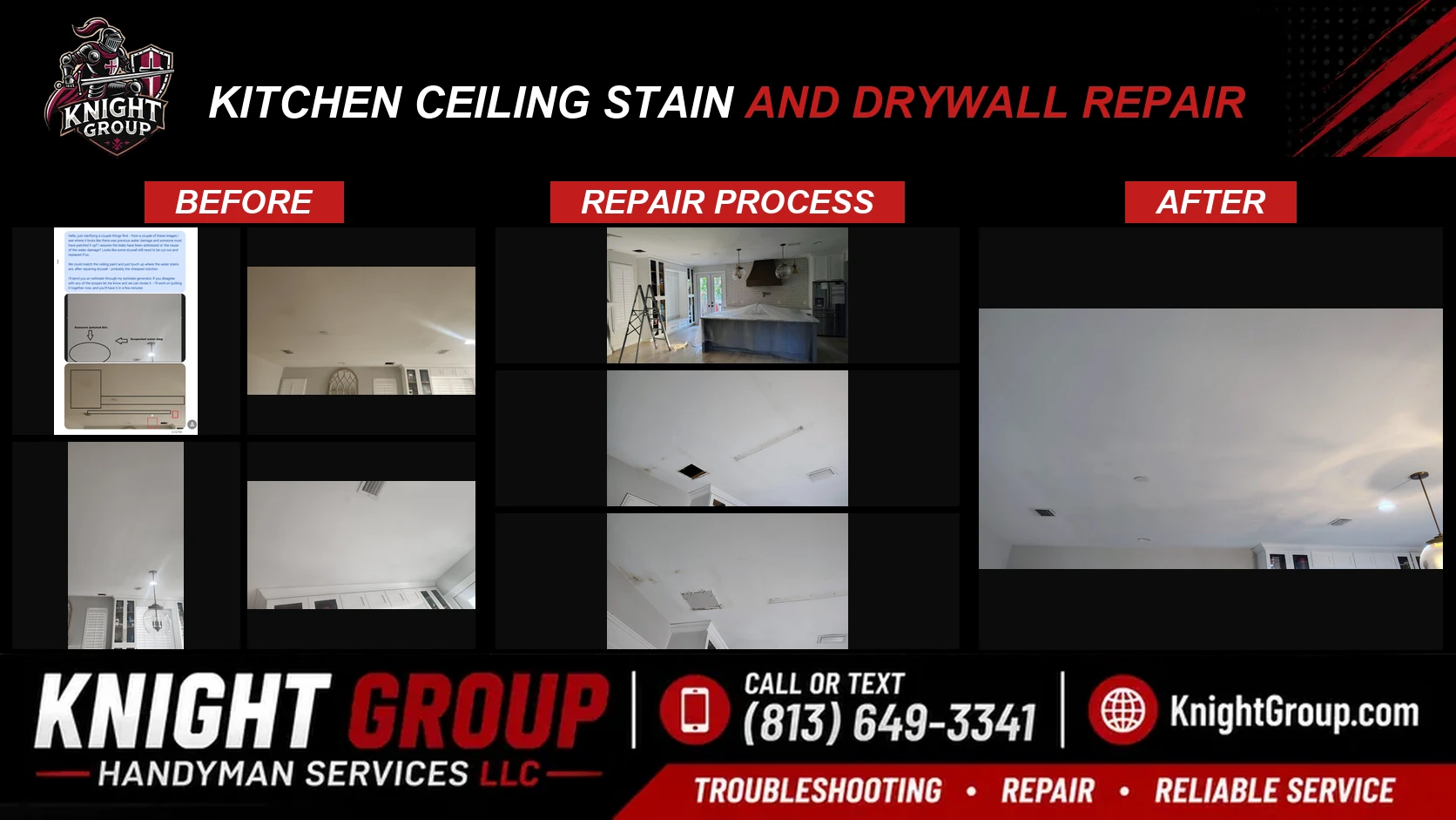 Kitchen ceiling stain and drywall repair before and after — handyman project photo in Pinellas County FL by Knight Group