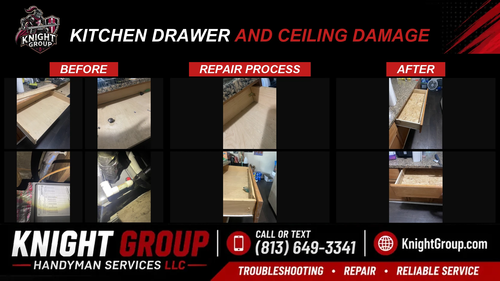 Kitchen Drawer and Ceiling Damage before and after — handyman project photo in Pinellas County FL by Knight Group