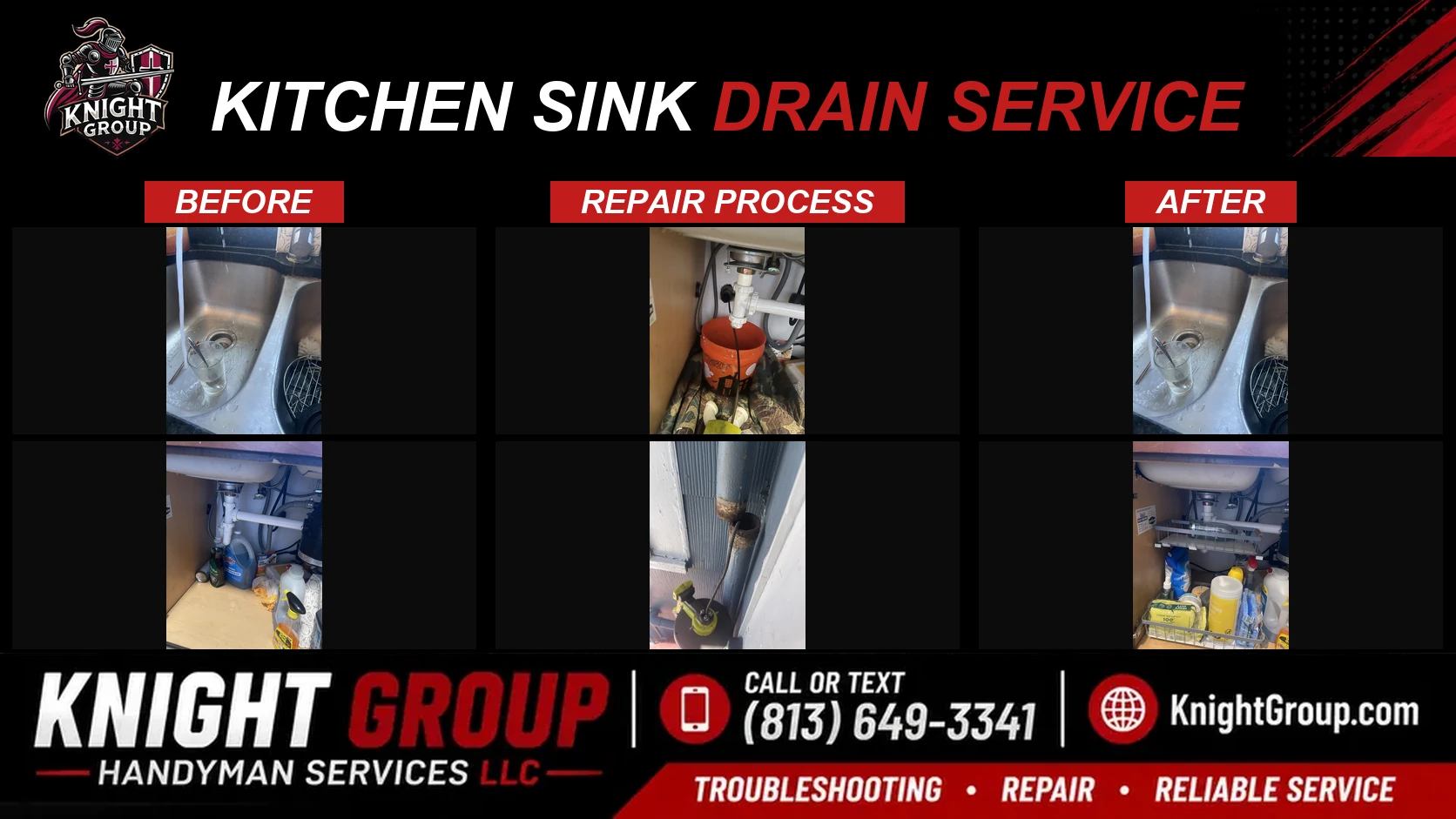 Kitchen sink drain service before and after — handyman project photo in Pinellas County FL by Knight Group