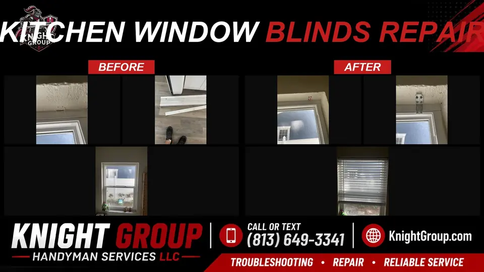 Kitchen window blinds remounted — empty frame before, brackets during, and level blinds after, Knight Group job in Pinellas County