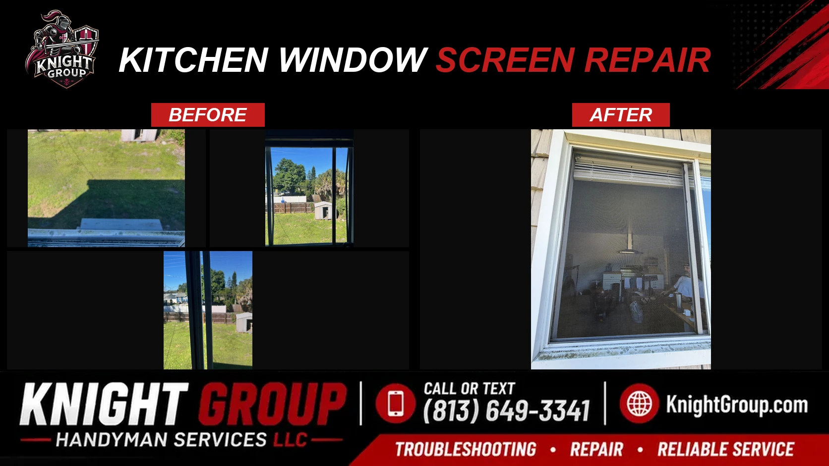 Kitchen window screen repair before and after — handyman project photo in Pinellas County FL by Knight Group