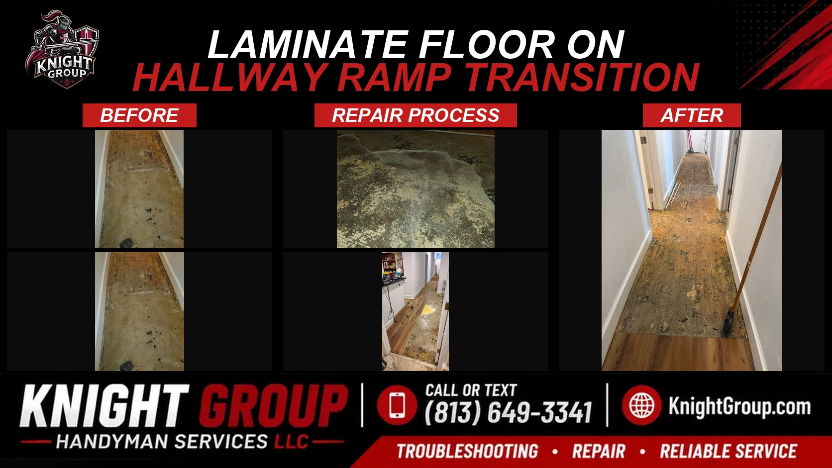 Laminate Floor on Hallway Ramp Transition before and after — handyman project photo in Pinellas County FL by Knight Group