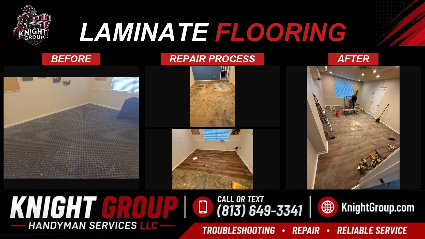 Laminate flooring before and after — handyman project photo in Pinellas County FL by Knight Group