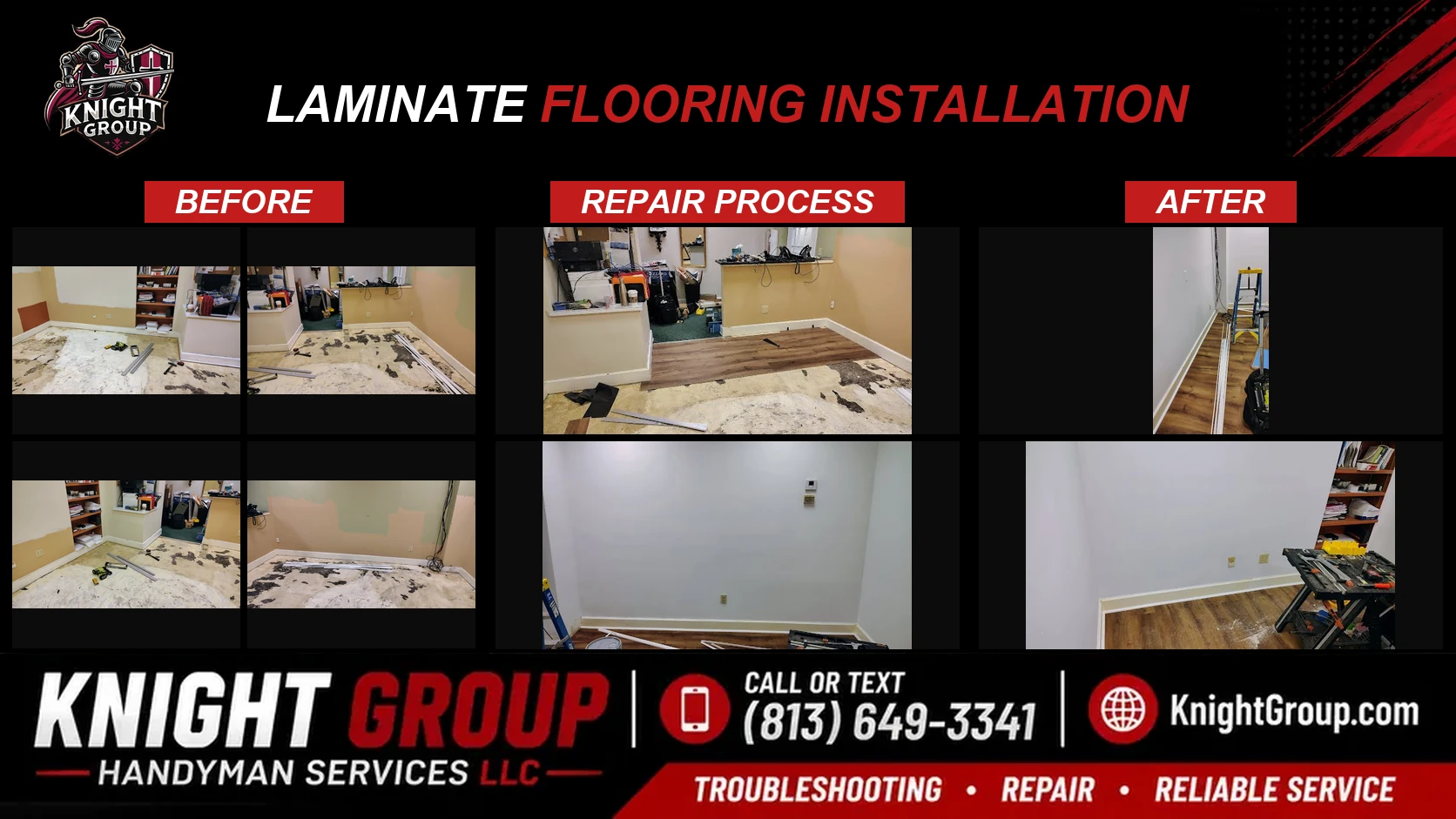 laminate flooring installation before and after — handyman project photo in Pinellas County FL by Knight Group