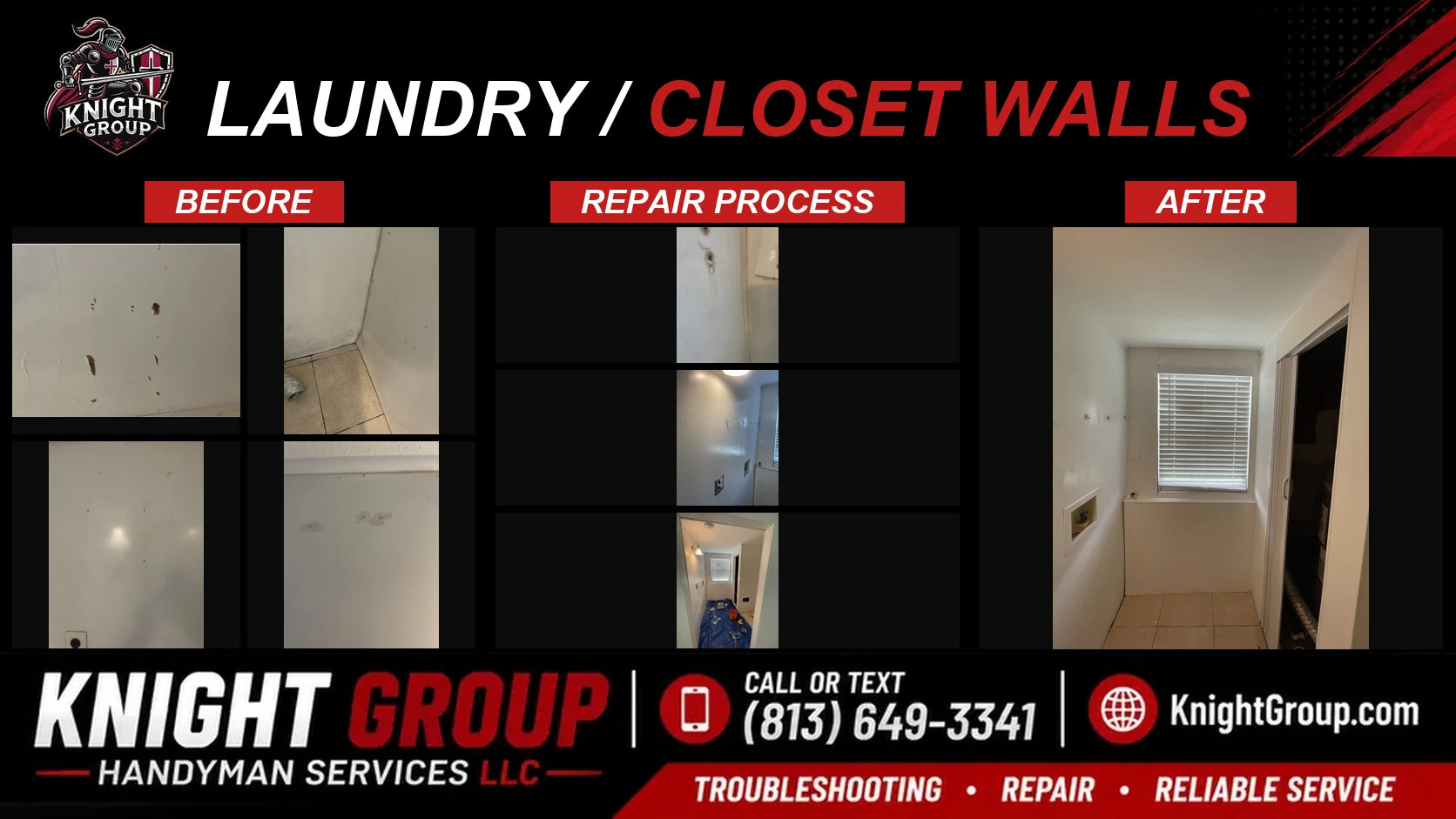 Laundry / closet walls before and after — handyman project photo in Pinellas County FL by Knight Group