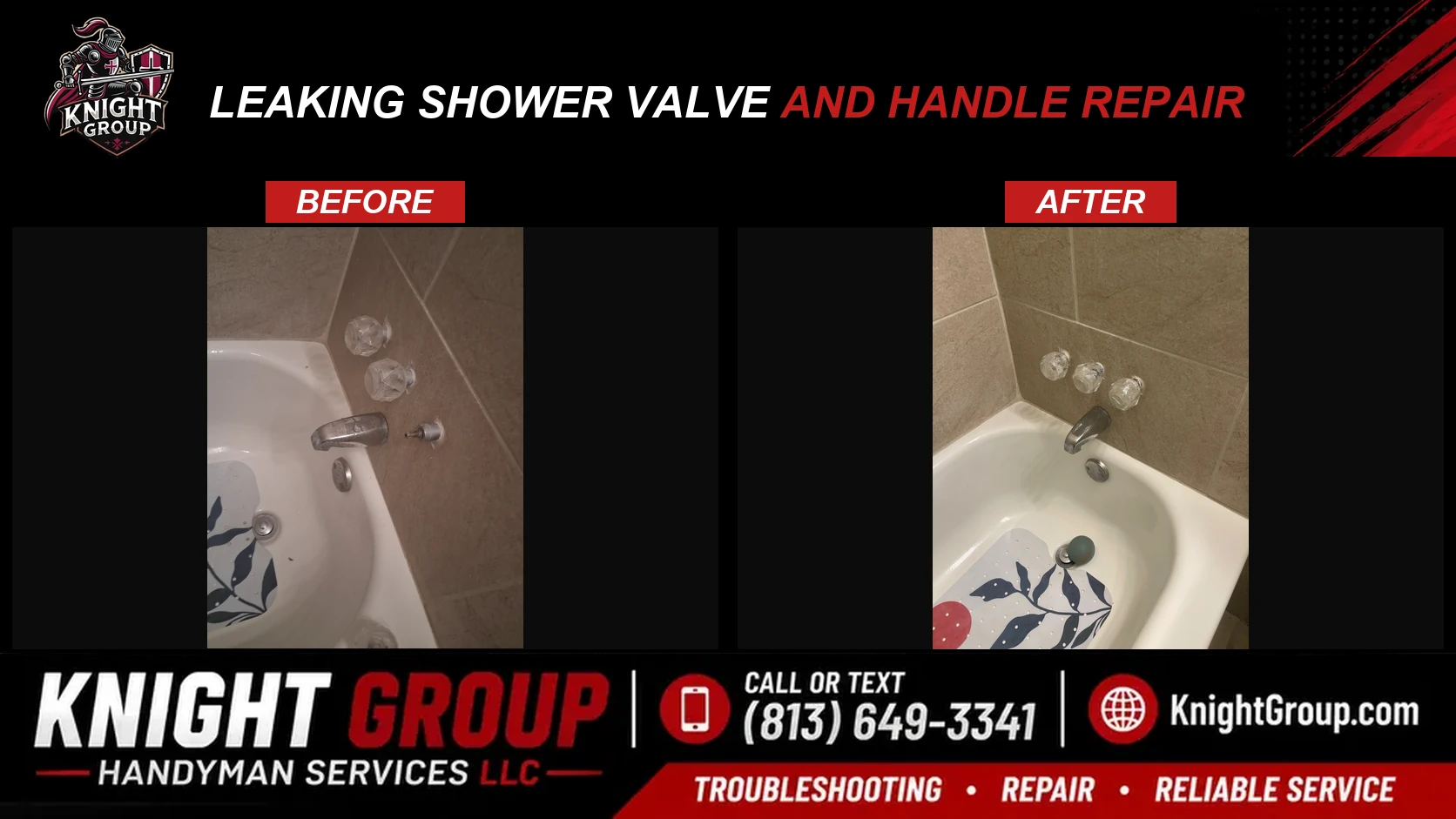 Historical project photo: Leaking shower valve and handle repair — before & after