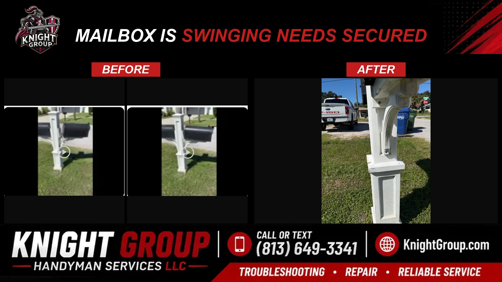 Mailbox is swinging needs secured before and after — handyman project photo in Pinellas County FL by Knight Group