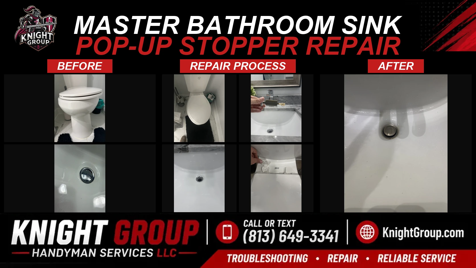 Historical project photo: Master bathroom sink pop-up stopper repair — before & after
