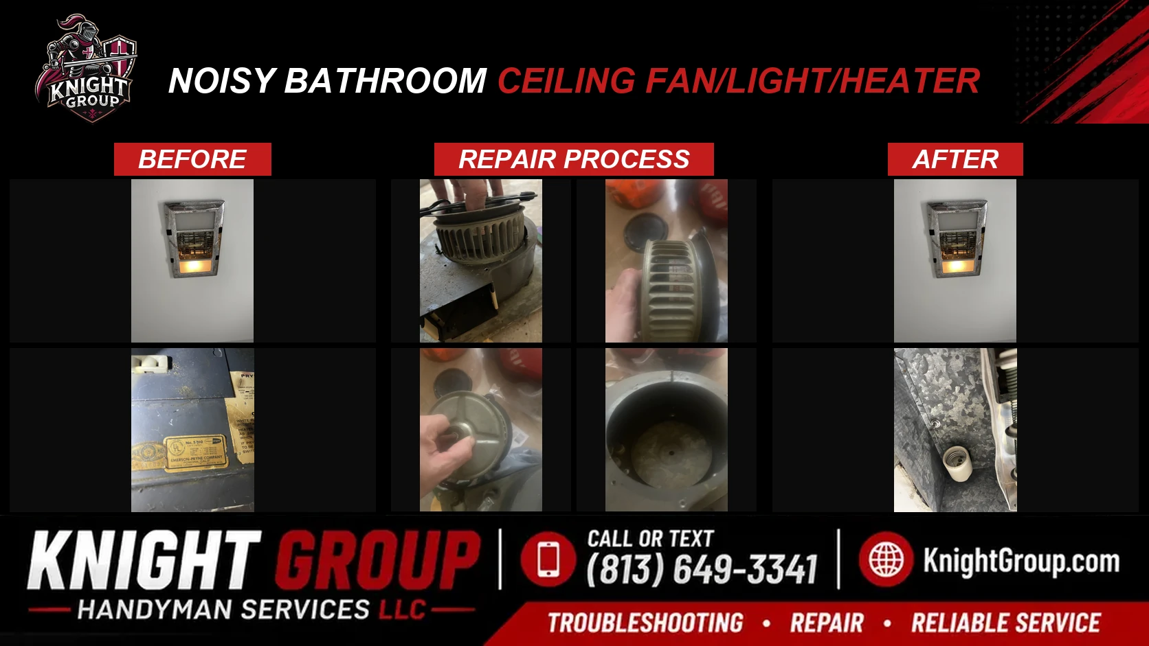 Historical project photo: noisy bathroom ceiling fan/light/heater — before & after