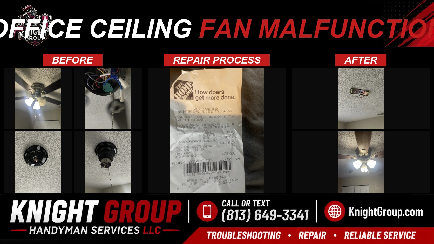 Office ceiling fan malfunction before and after — handyman project photo in Pinellas County FL by Knight Group