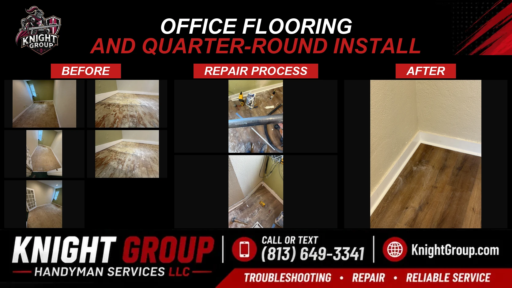 Office flooring and quarter-round install before and after — handyman project photo in Pinellas County FL by Knight Group