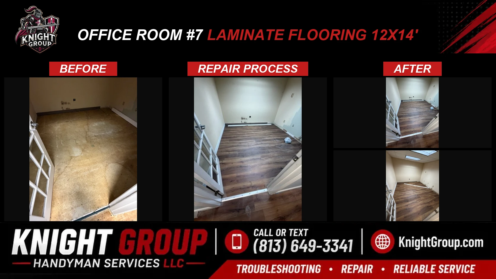 Office Room #7 Laminate Flooring 12x14' before and after — handyman project photo in Pinellas County FL by Knight Group