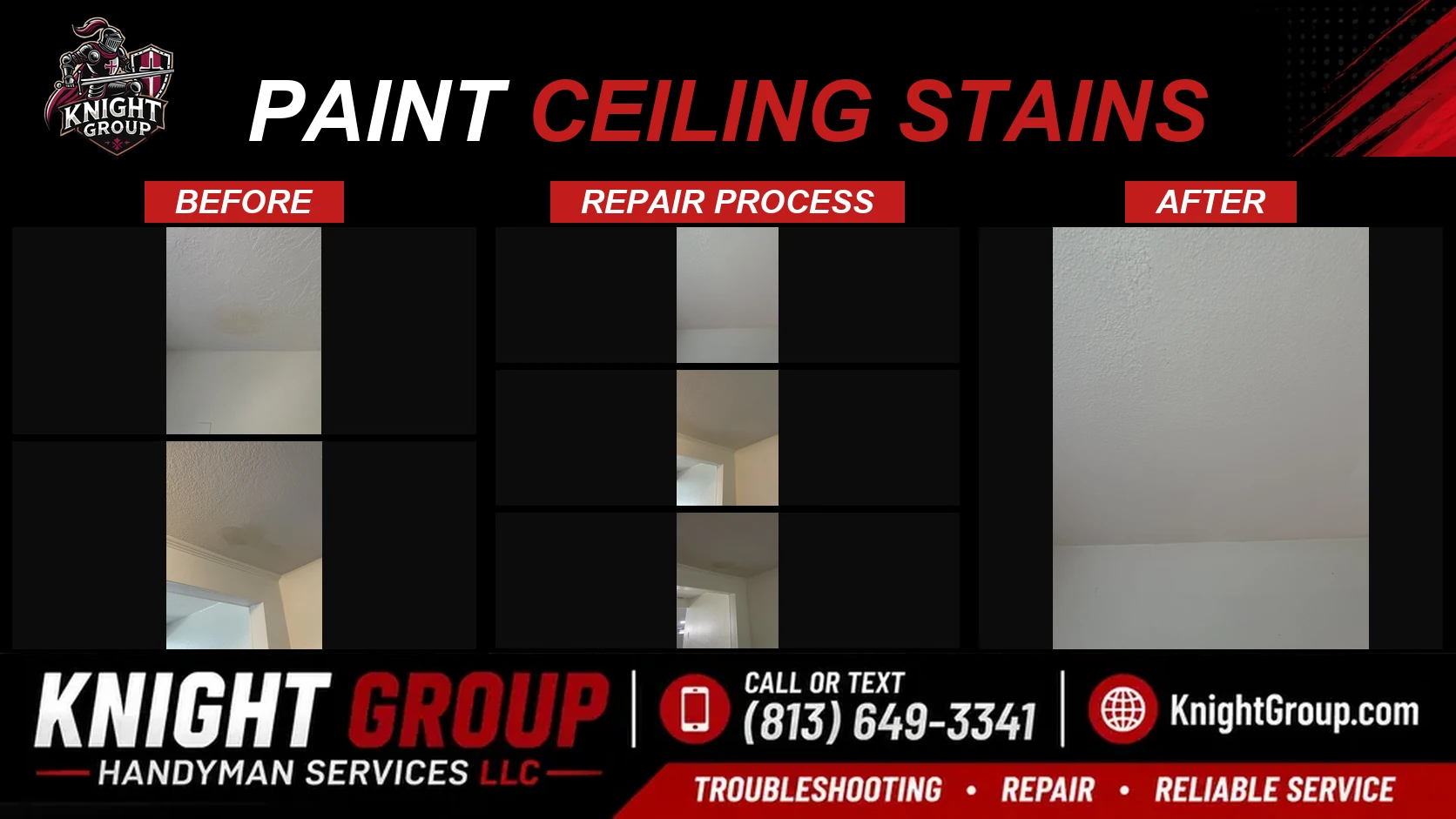 Paint ceiling stains before and after — handyman project photo in Pinellas County FL by Knight Group