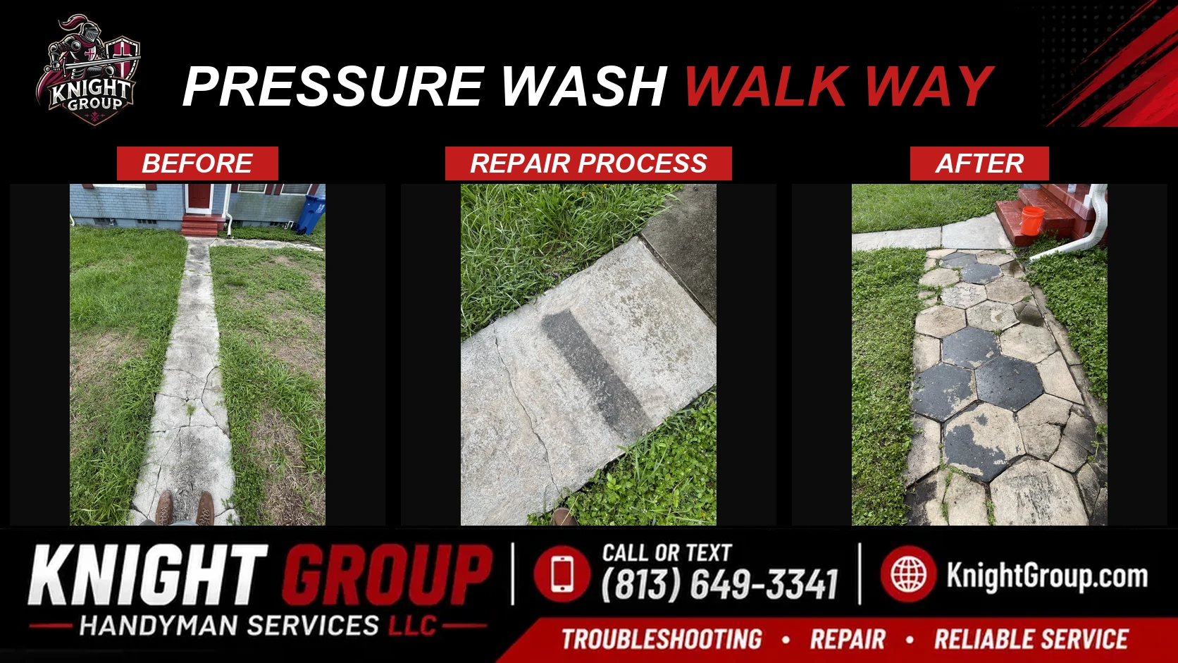 Pressure wash walk way before and after — handyman project photo in Pinellas County FL by Knight Group