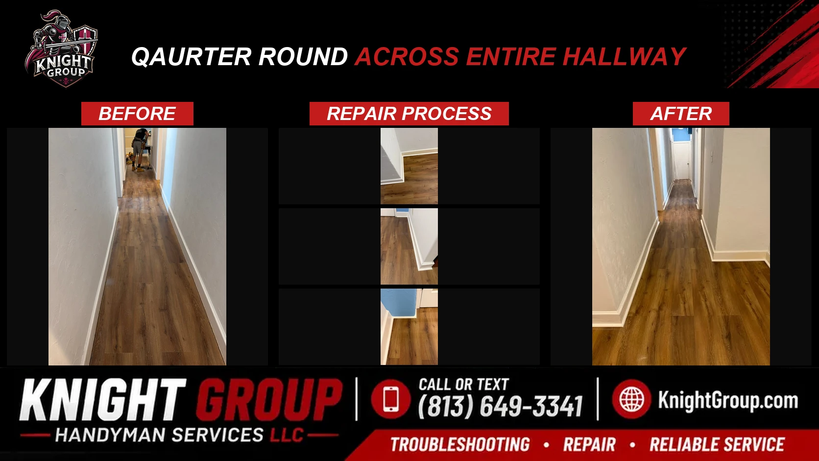 Qaurter Round Across Entire Hallway before and after — handyman project photo in Pinellas County FL by Knight Group