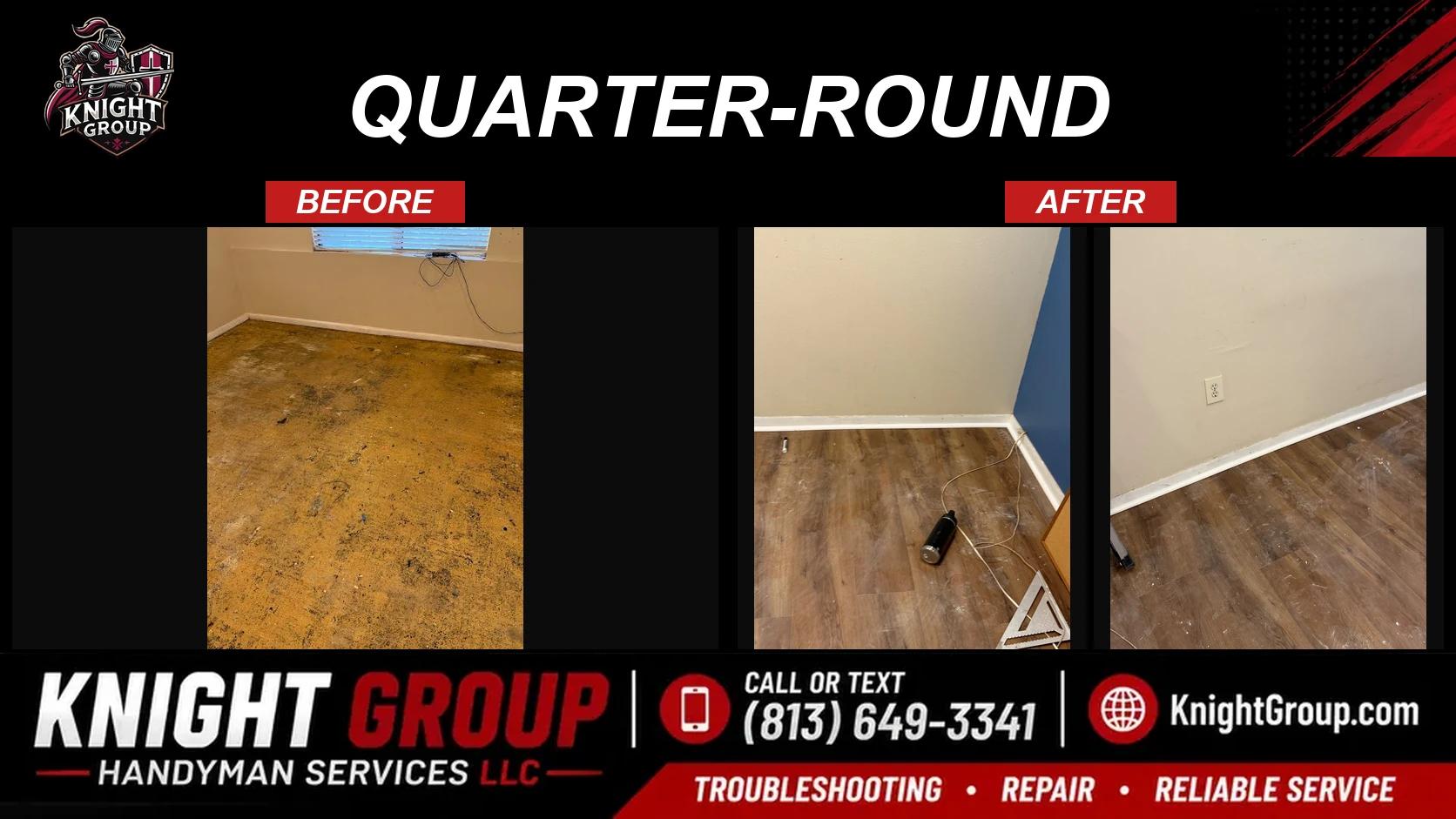 Quarter-round before and after — handyman project photo in Pinellas County FL by Knight Group