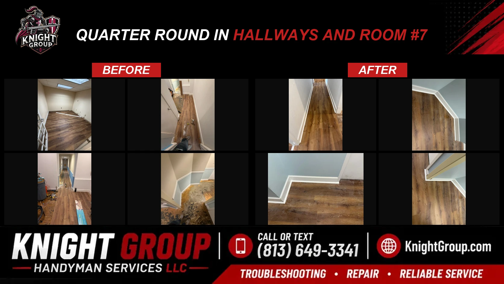 Quarter Round in Hallways and Room #7 before and after — handyman project photo in Pinellas County FL by Knight Group