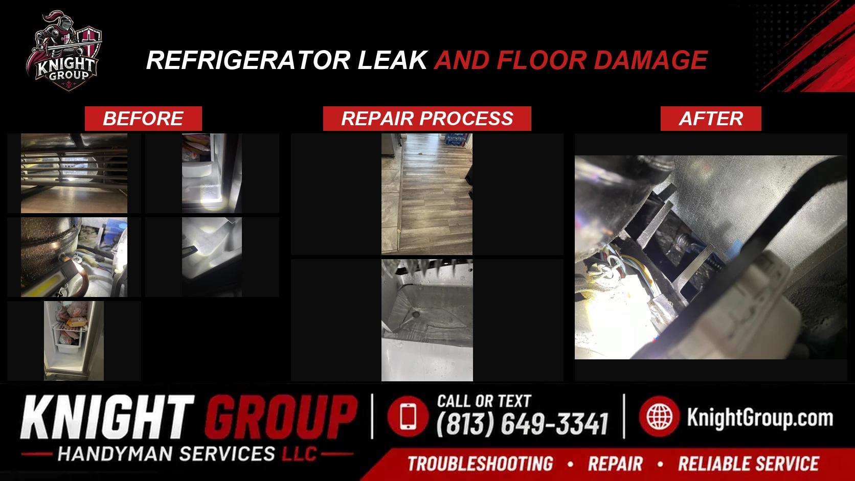 Refrigerator Leak and Floor Damage before and after — handyman project photo in Pinellas County FL by Knight Group