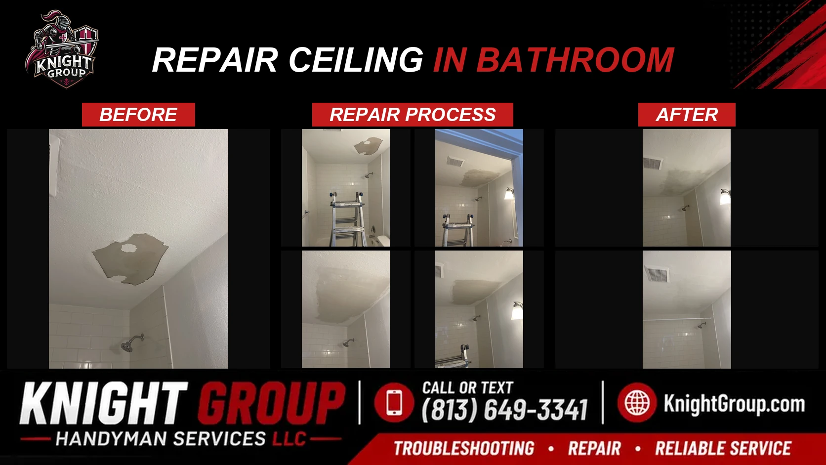 Repair ceiling in bathroom before and after — handyman project photo in Pinellas County FL by Knight Group