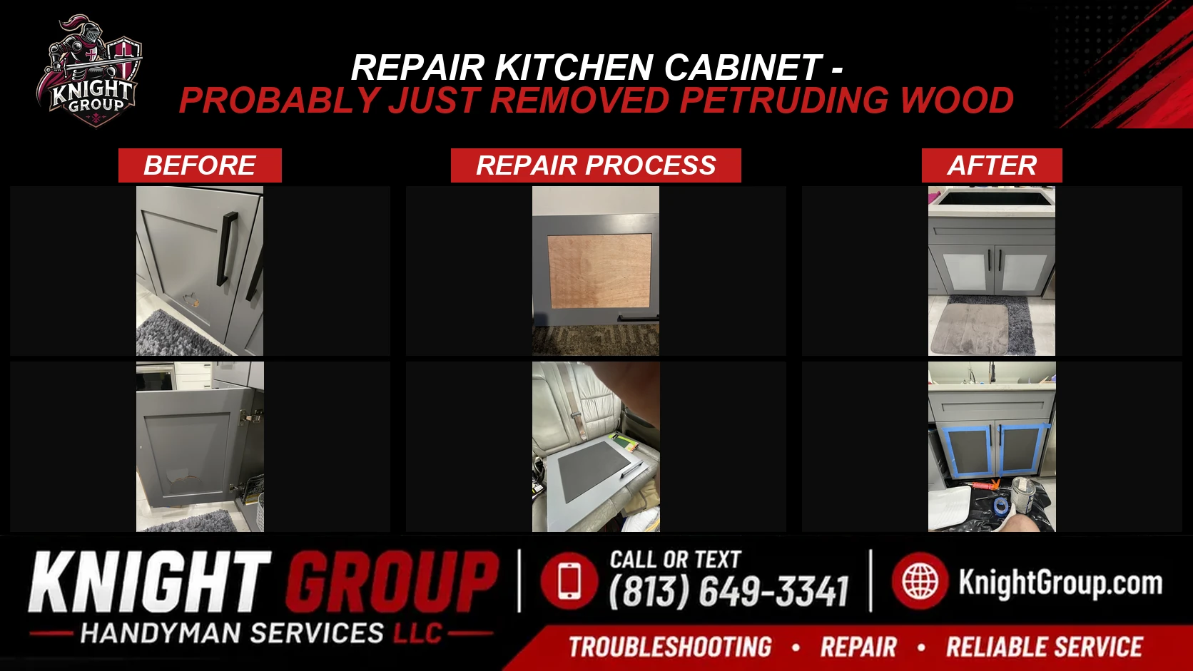 Repair Kitchen Cabinet - probably just removed petruding wood before and after — handyman project photo in Pinellas County FL by Knight Group