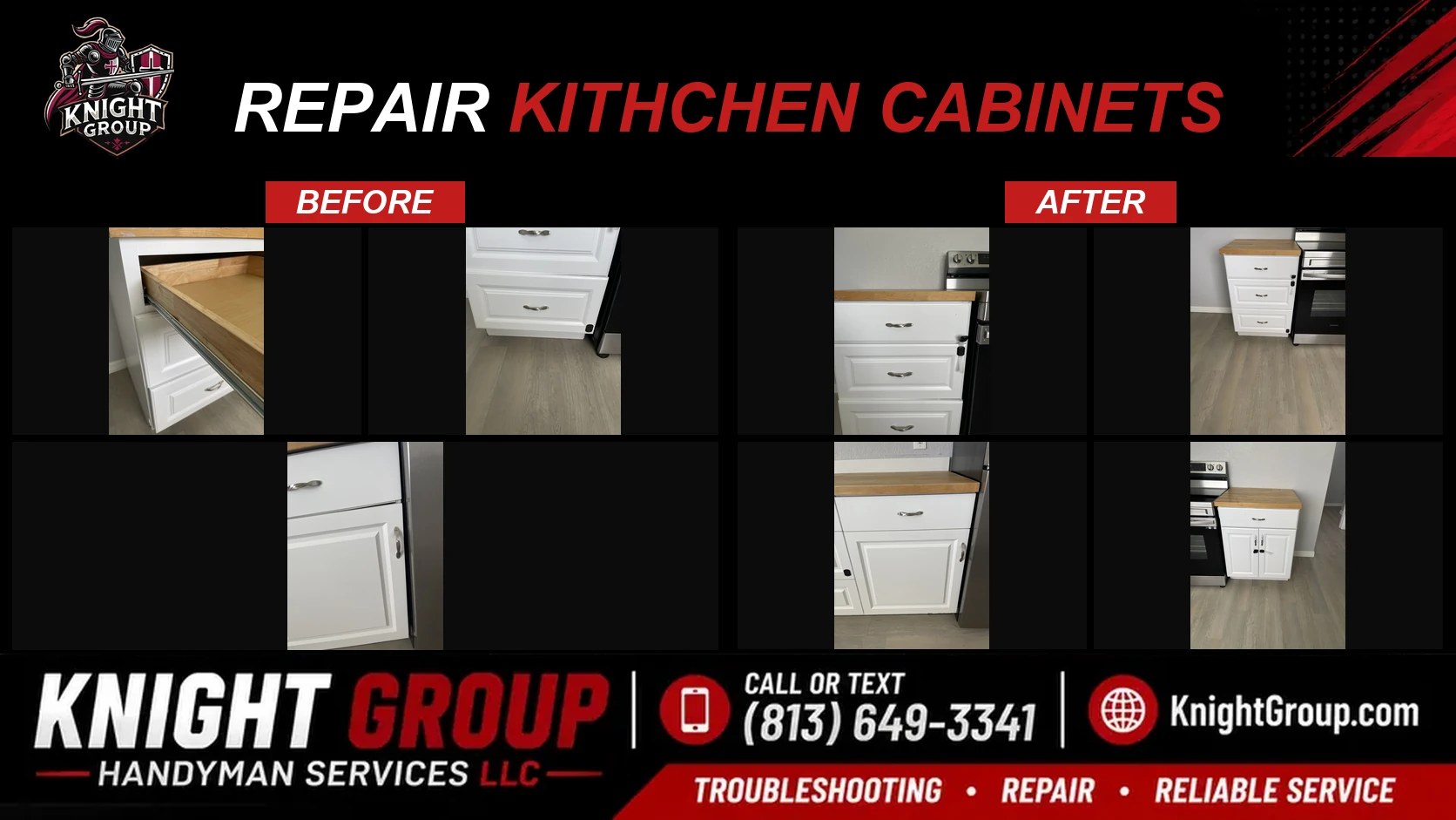 Repair kithchen cabinets before and after — handyman project photo in Pinellas County FL by Knight Group