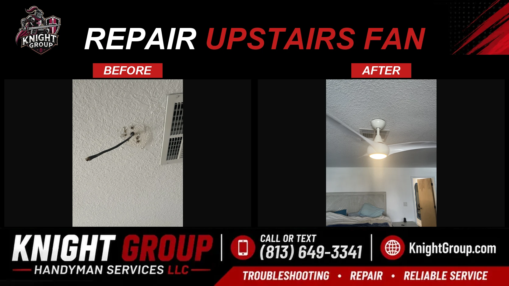 Historical project photo: Repair upstairs fan — before & after