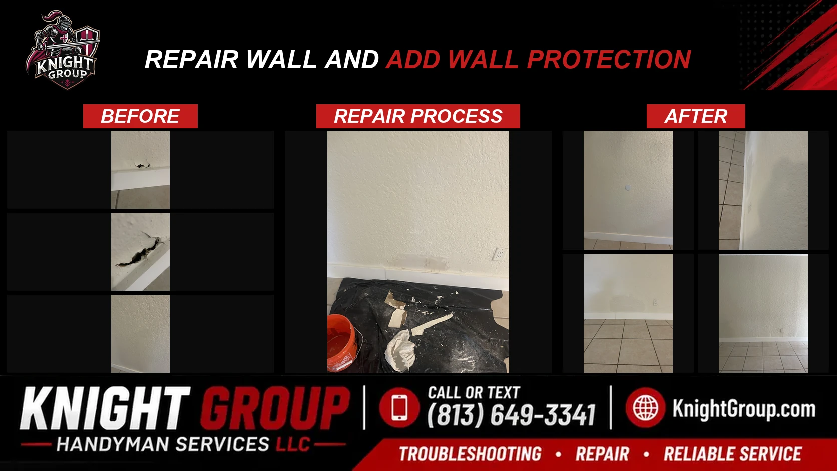 Repair wall and add wall protection before and after — handyman project photo in Pinellas County FL by Knight Group