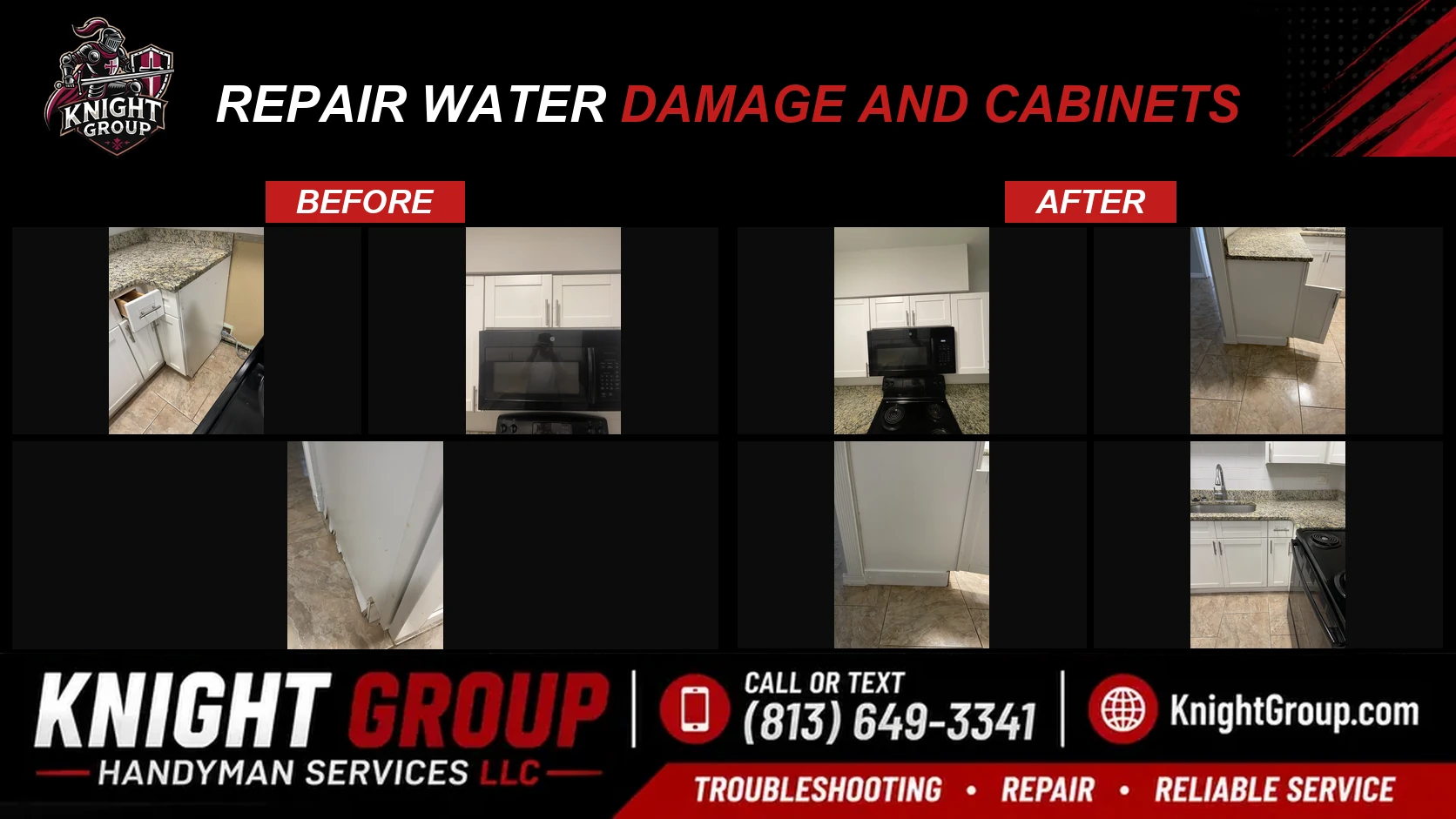 Repair water damage and cabinets before and after — handyman project photo in Pinellas County FL by Knight Group