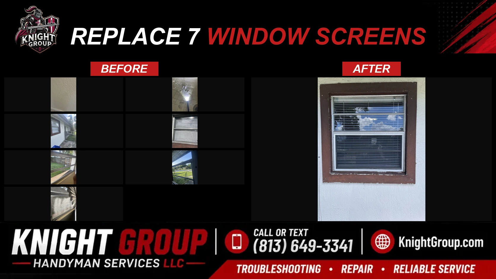 Replace 7 Window Screens before and after — handyman project photo in Pinellas County FL by Knight Group