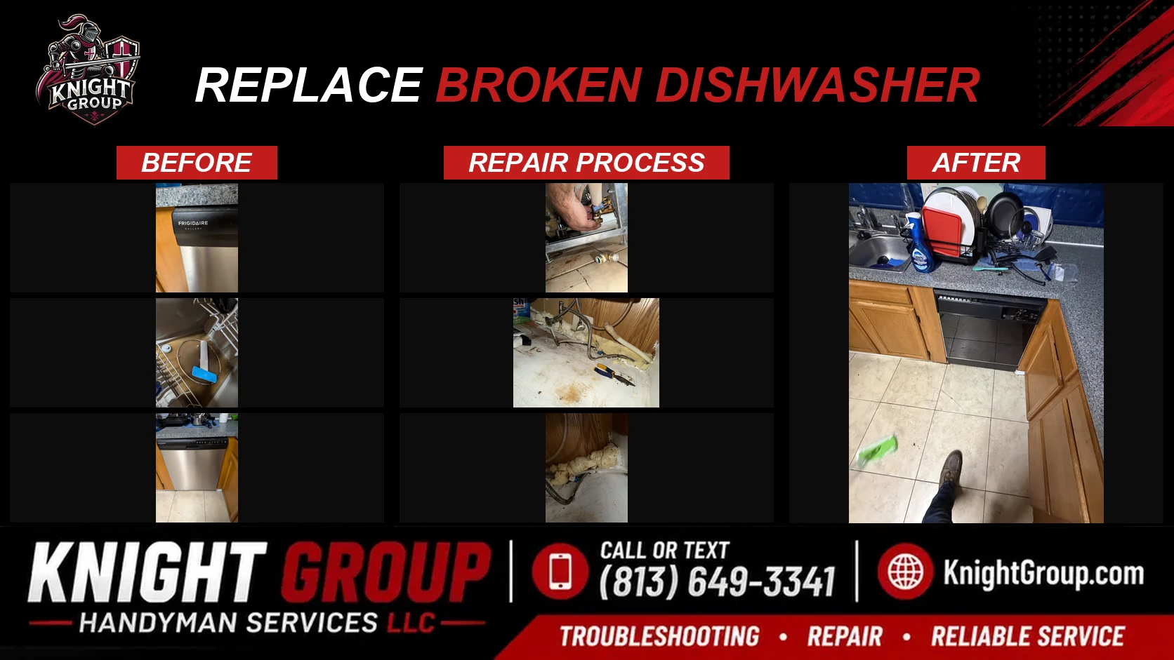 Replace broken dishwasher before and after — handyman project photo in Pinellas County FL by Knight Group