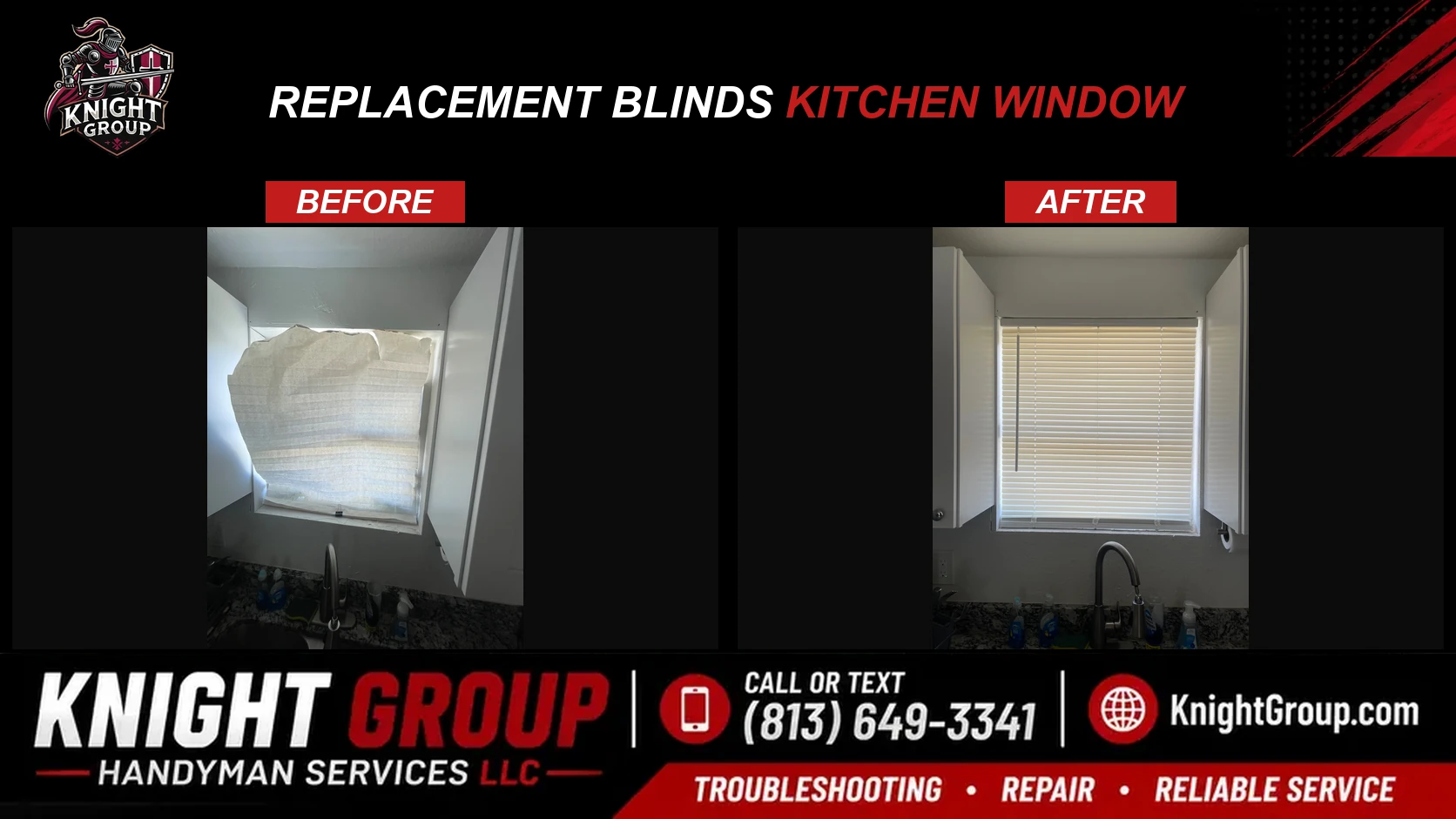 Replacement blinds Kitchen Window before and after — handyman project photo in Pinellas County FL by Knight Group