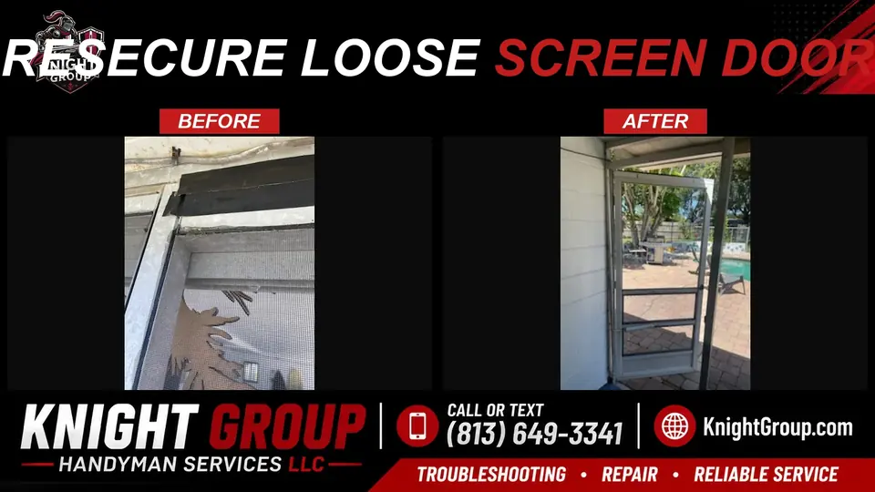 Loose screen door pulled back to the frame and resecured — before and after from a Knight Group job in Pinellas County