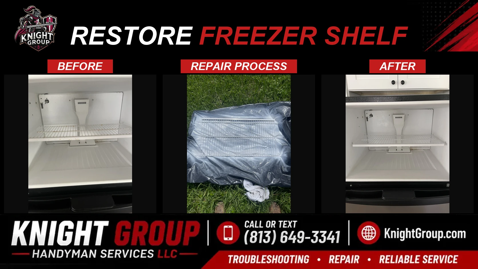 Restore freezer shelf before and after — handyman project photo in Pinellas County FL by Knight Group