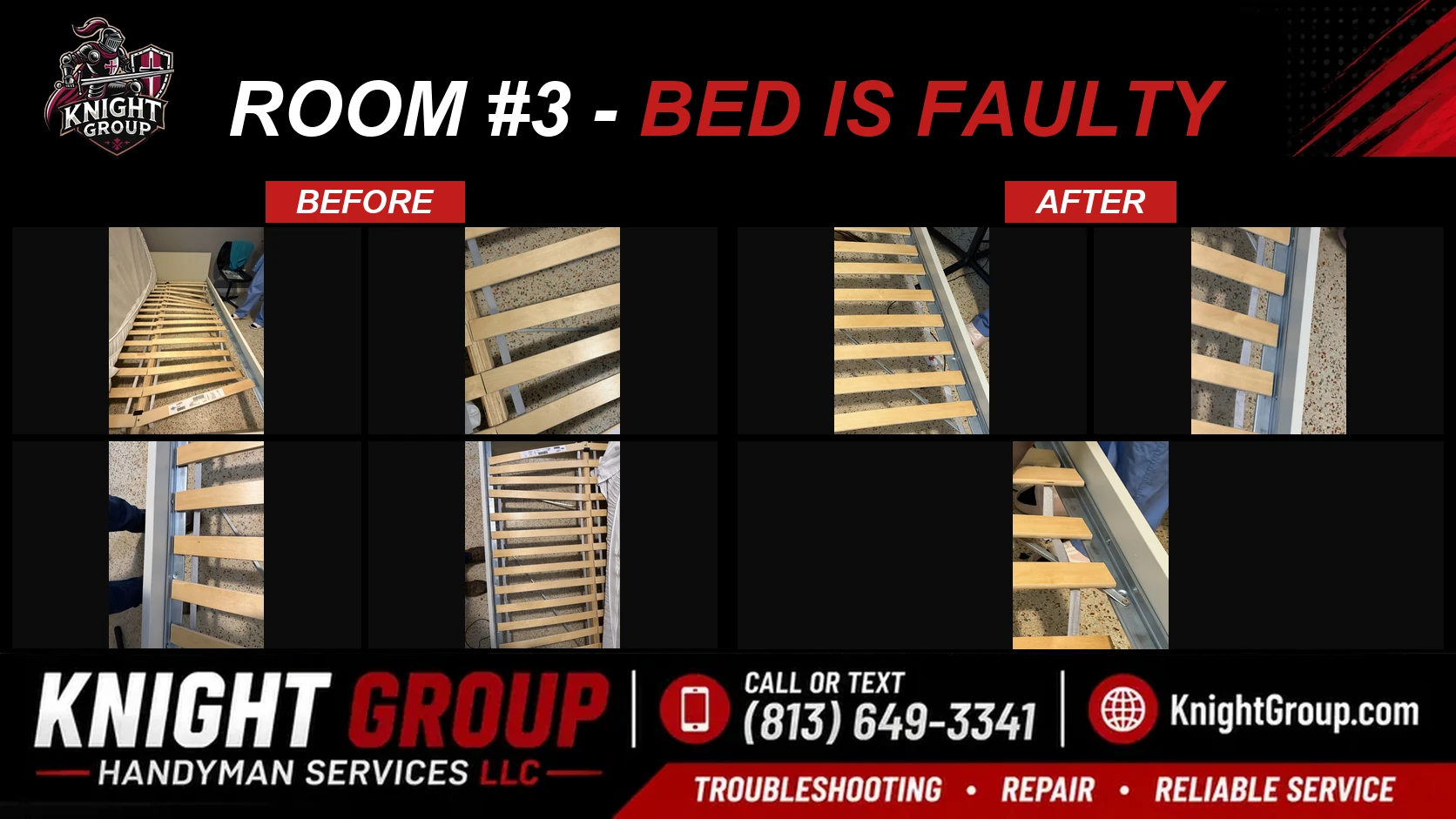Room #3 - Bed is faulty before and after — handyman project photo in Pinellas County FL by Knight Group