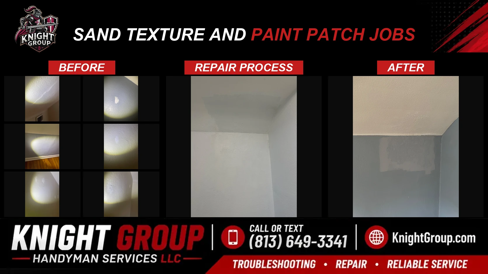 Sand texture and paint patch jobs before and after — handyman project photo in Pinellas County FL by Knight Group