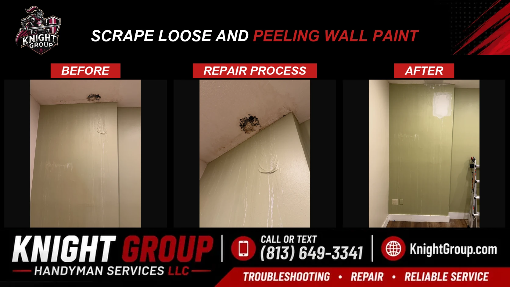 Scrape loose and peeling wall paint before and after — handyman project photo in Pinellas County FL by Knight Group