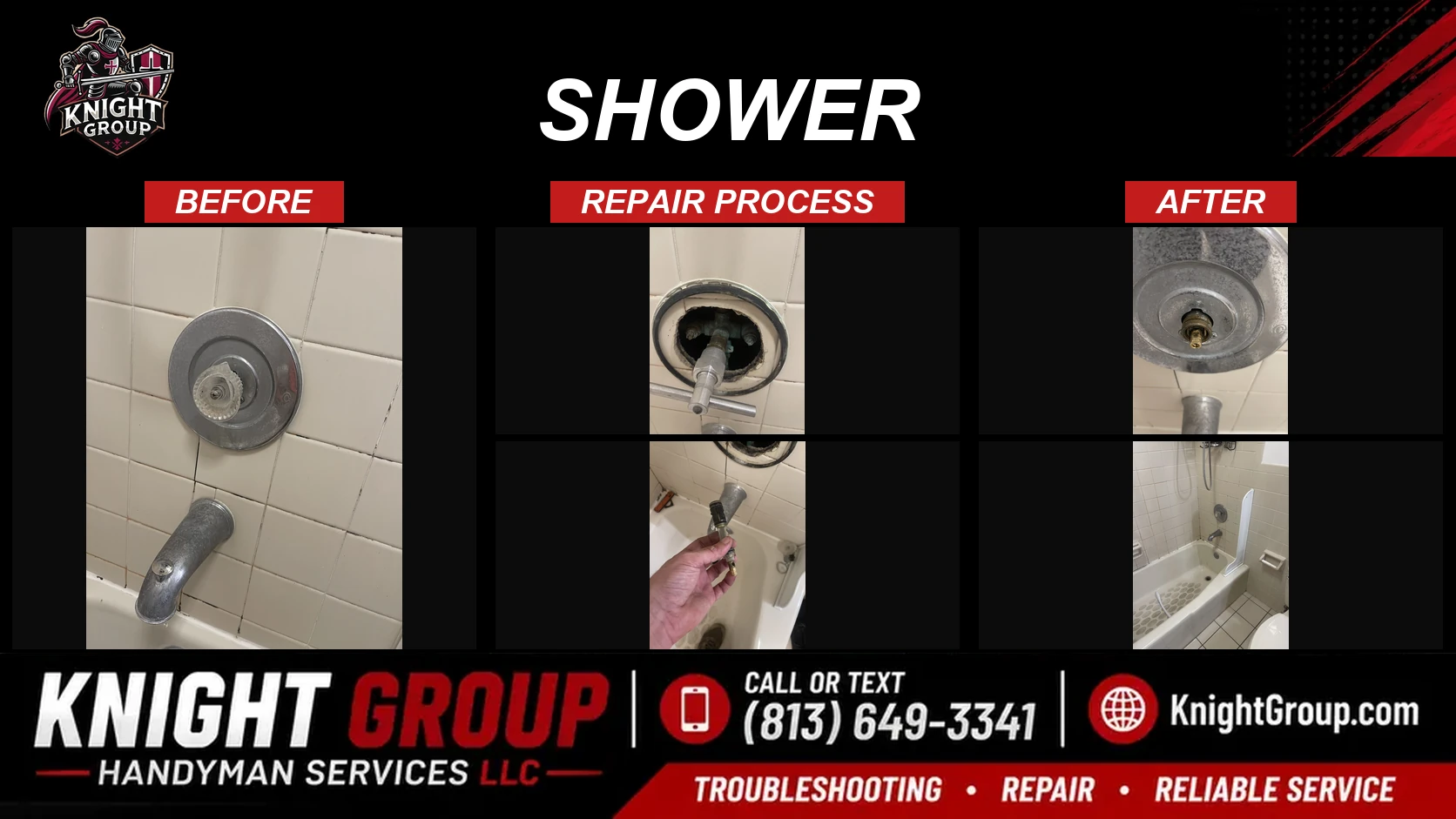 Shower before and after — handyman project photo in Pinellas County FL by Knight Group