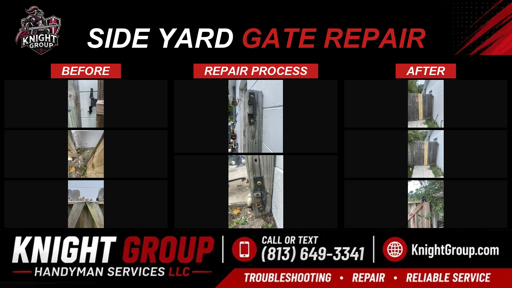Side yard gate repair before and after — handyman project photo in Pinellas County FL by Knight Group