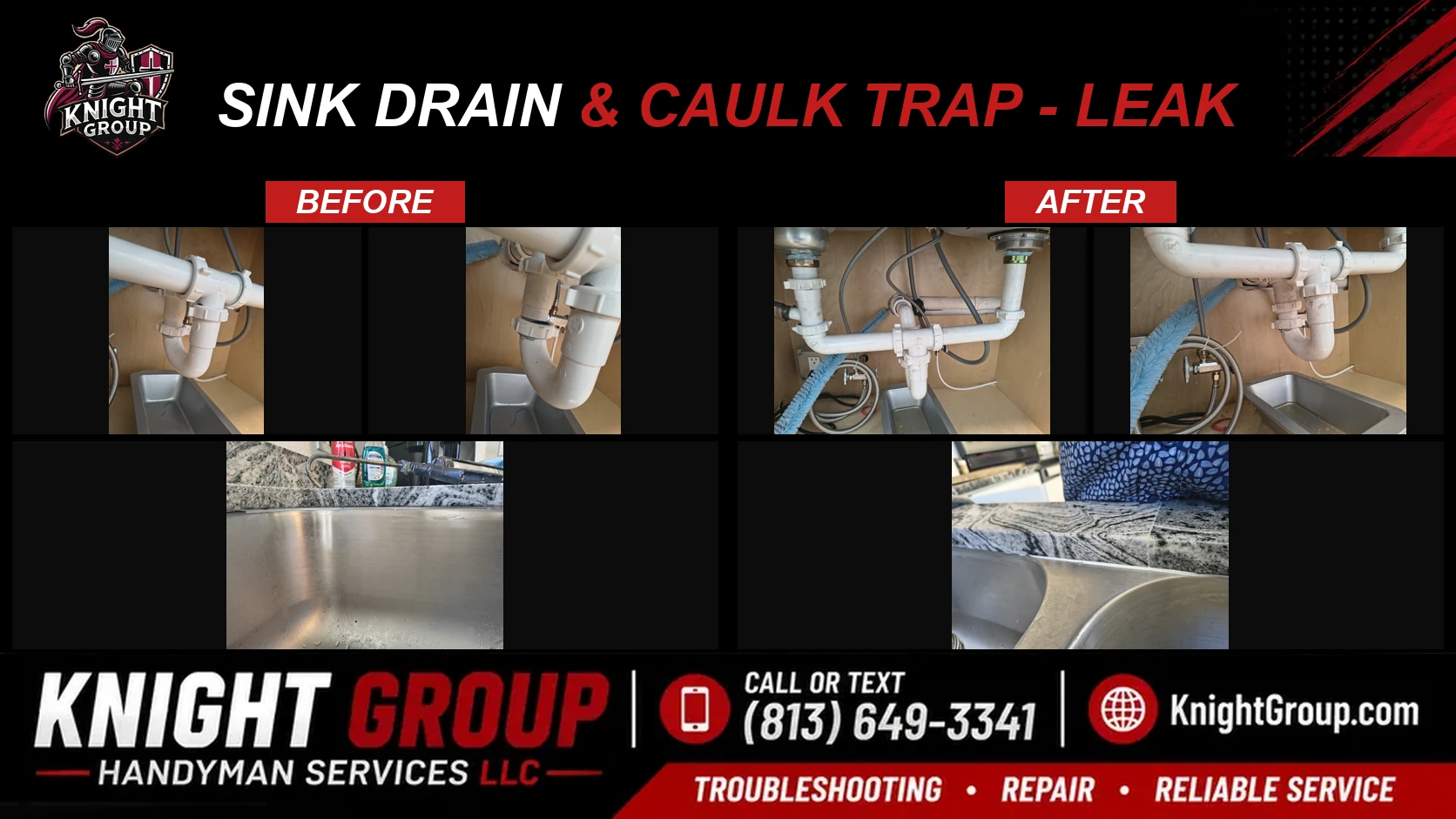 Sink Drain & Caulk Trap - Leak before and after — handyman project photo in Pinellas County FL by Knight Group