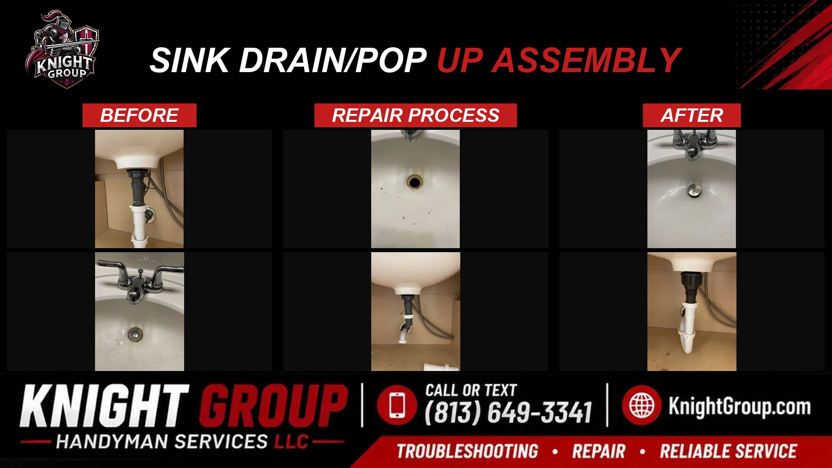 Sink drain/pop up assembly before and after — handyman project photo in Pinellas County FL by Knight Group
