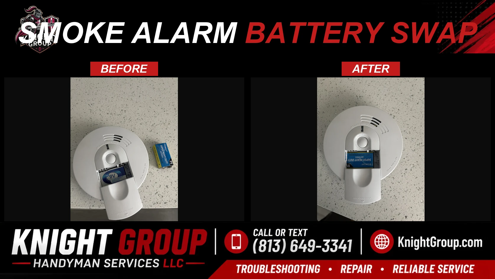 Smoke alarm battery swap before and after — handyman project photo in Pinellas County FL by Knight Group