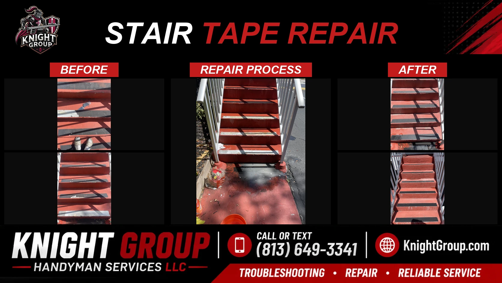 Stair safety tape repair before and after — handyman project photo in Pinellas County FL by Knight Group